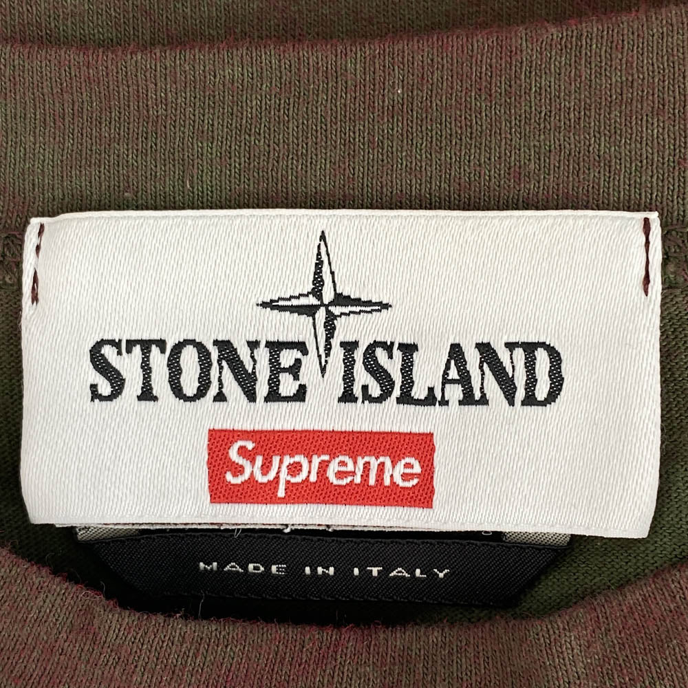 Supreme シュプリーム 7025201S1 × STONE ISLAND ストーンアイランド Dust Treatment Cotton T Shirt  ダスト加工 クルーネックポケット Tシャツ カーキ系 エンジ系 M【中古】