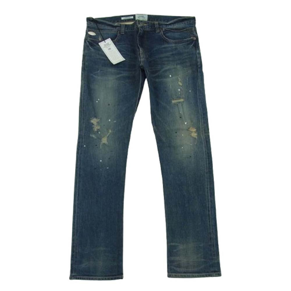 CRIMIE クライミー BORN FREE GARAGE USED SELVEDGE STRETCH DENIM PANTS ペイント ダメージ加工 セルビッチ ストレッチ デニム パンツ インディゴブルー系 XL【中古】