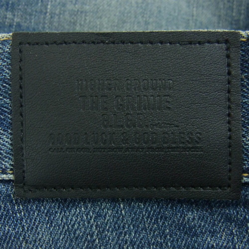 CRIMIE クライミー BORN FREE GARAGE USED SELVEDGE STRETCH DENIM PANTS ペイント ダメージ加工 セルビッチ ストレッチ デニム パンツ インディゴブルー系 XL【中古】
