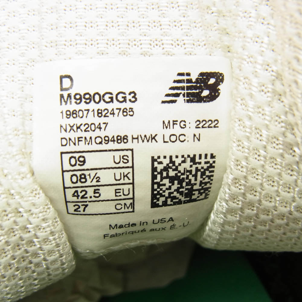 NEW BALANCE ニューバランス M990GG3 USA製 V3 グリーン/イエロー ローカット スニーカー グリーン系 27cm【新古品】【未使用】【中古】