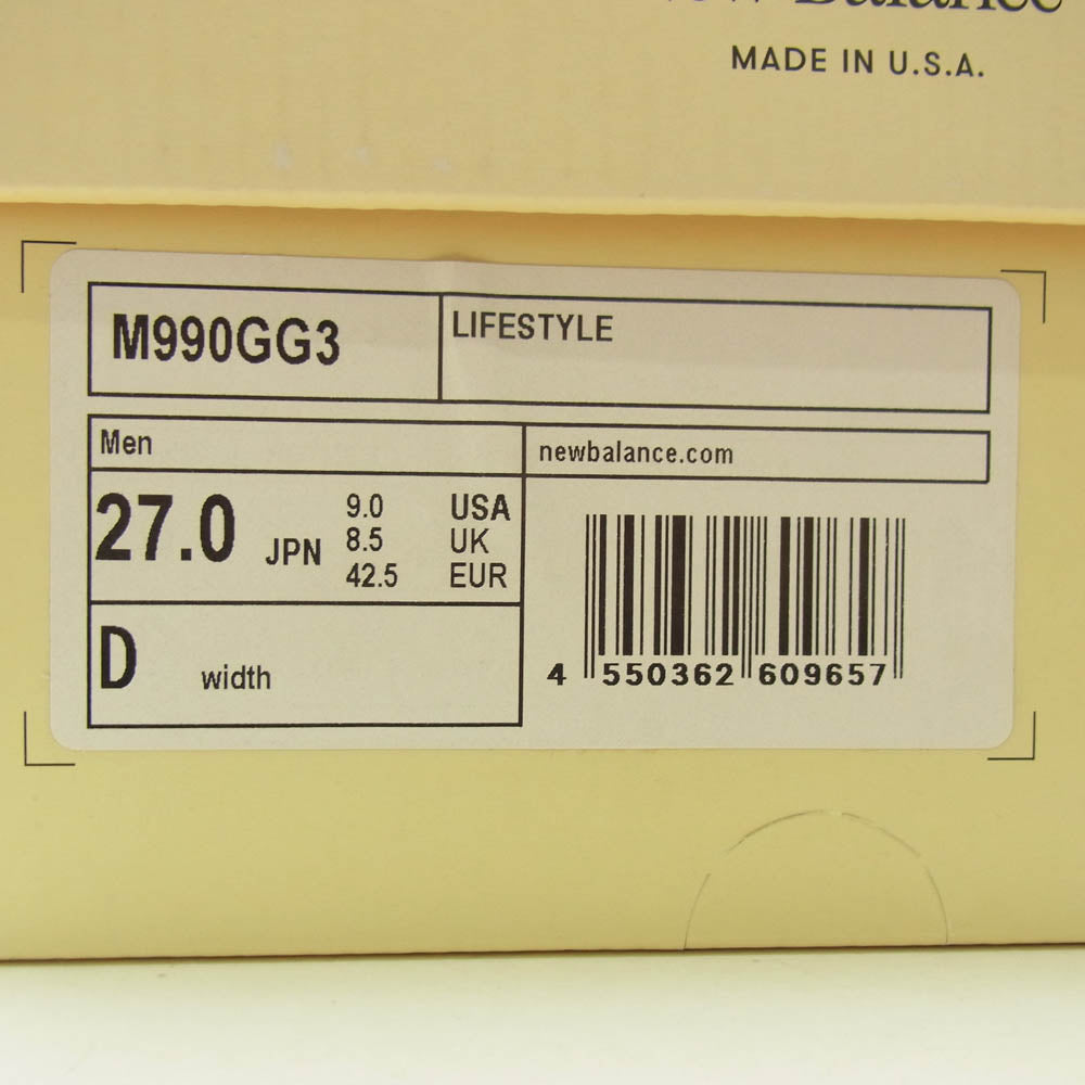 NEW BALANCE ニューバランス M990GG3 USA製 V3 グリーン/イエロー ローカット スニーカー グリーン系 27cm【新古品】【未使用】【中古】
