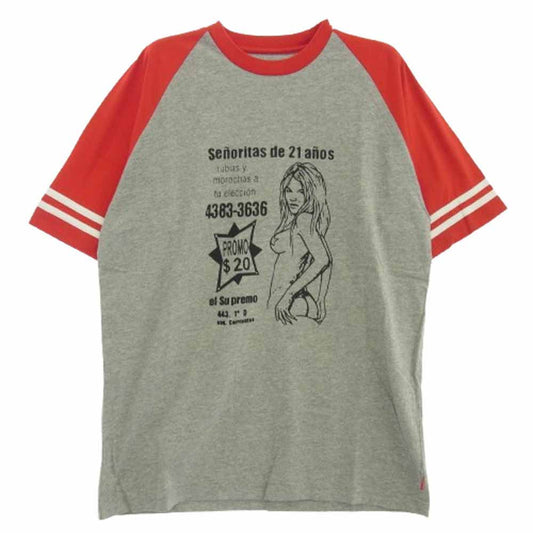 Supreme シュプリーム 09SS Senorita Raglan Top フロントプリント ラグラン フットボール Tシャツ 半袖カットソー グレー系 レッド系 M【極上美品】【中古】