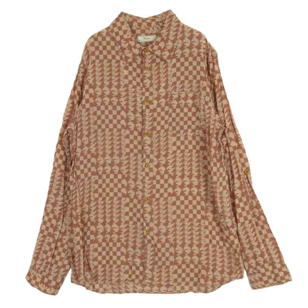 Iroquois イロコイ 総柄 チェック テンセル 長袖 シャツ 日本製 ブラウン系 ベージュ系 オレンジブラウン系 2【中古】