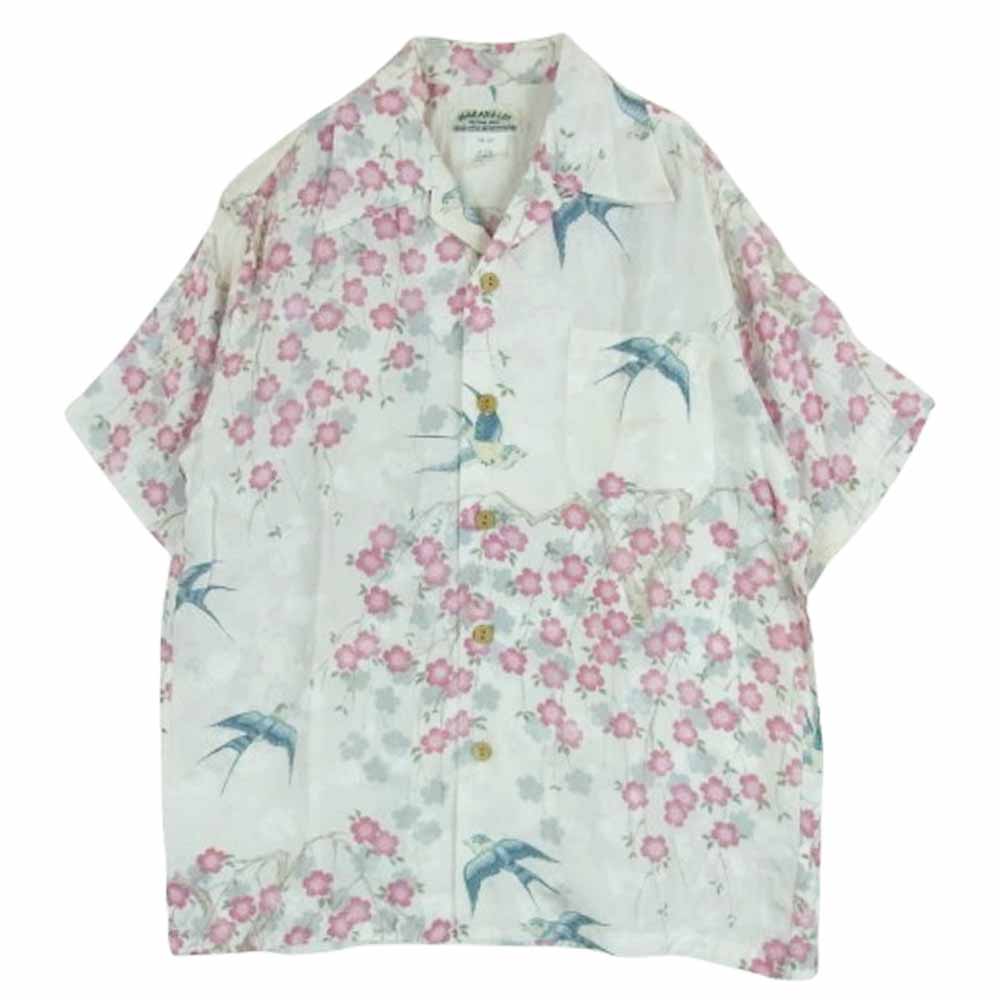 マカナレイ シルク100％ 花柄 ハワイアン アロハ 半袖 シャツ オフホワイト系 ピンク系 M【中古】
