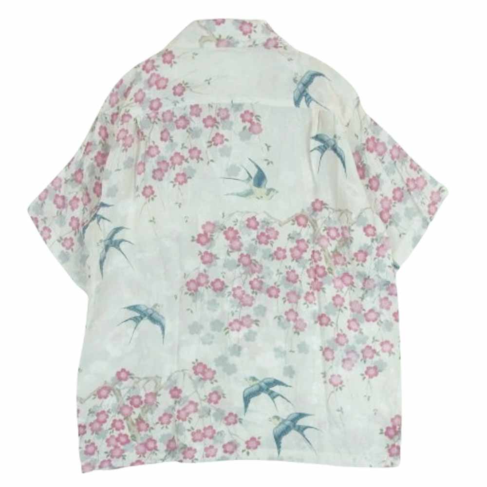 マカナレイ シルク100％ 花柄 ハワイアン アロハ 半袖 シャツ オフホワイト系 ピンク系 M【中古】