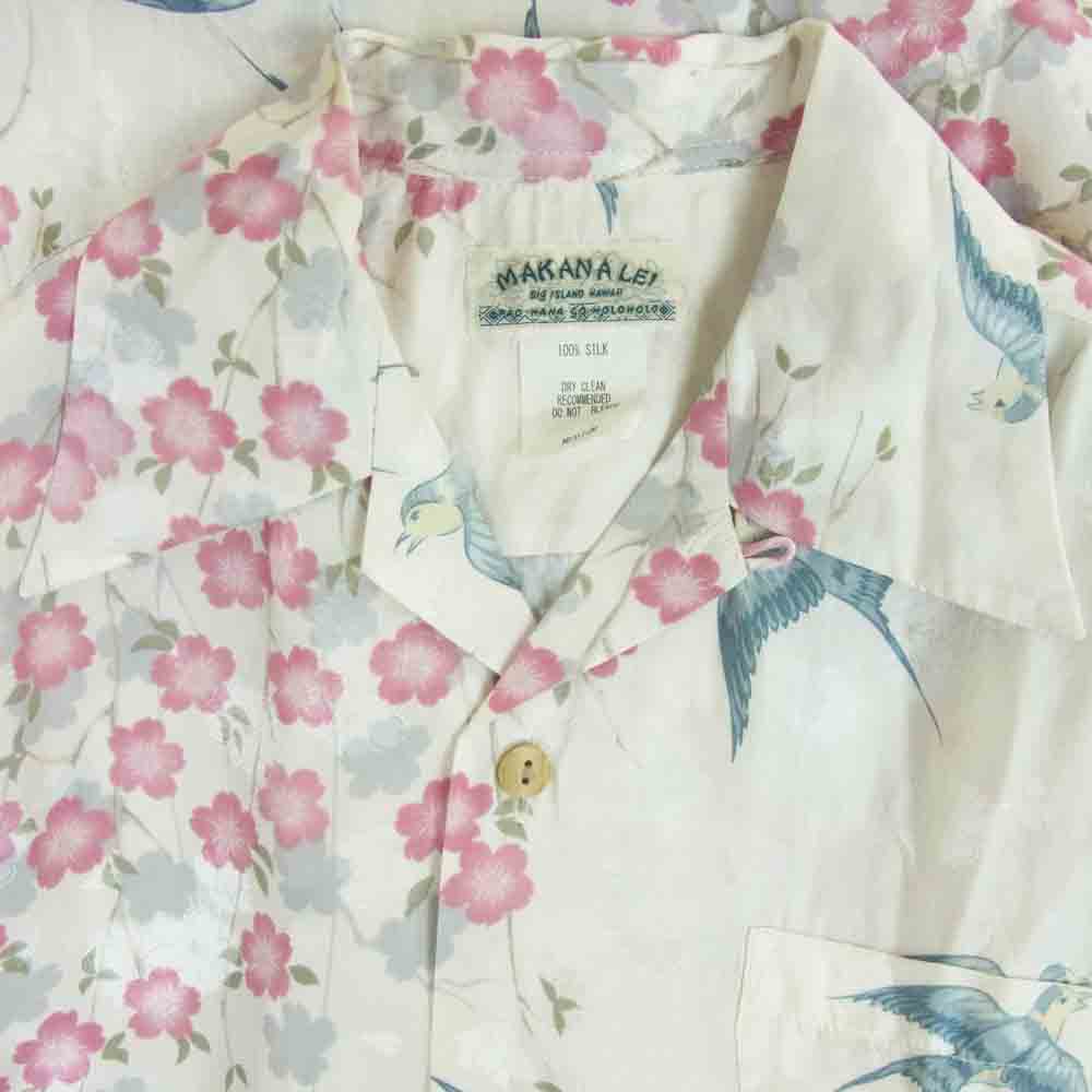 マカナレイ シルク100％ 花柄 ハワイアン アロハ 半袖 シャツ オフホワイト系 ピンク系 M【中古】