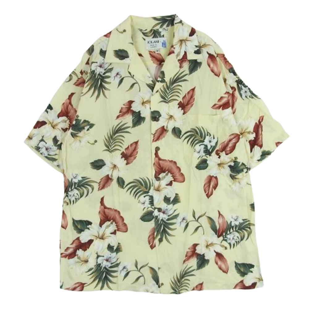 イオラニ 6178 花柄 総柄 レーヨン ハワイアン アロハ シャツ 半袖 ハワイ製 イエロー系 クリーム色系 M【中古】