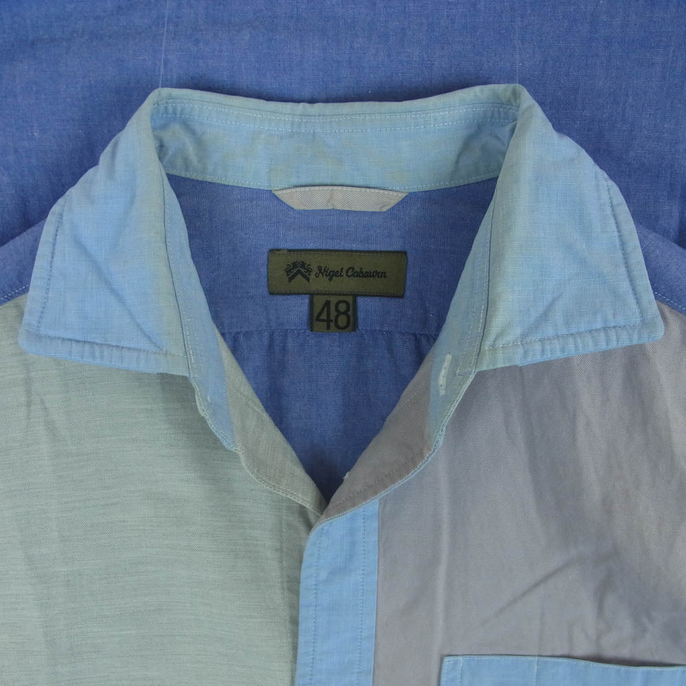 Nigel Cabourn ナイジェルケーボン 8070010036 BRITISH OFFICER'S SHIRT クレイジーパターン 長袖 ブリティッシュオフィサーズ シャツ ブルー系 ライトブルー系 グレー系 48【中古】