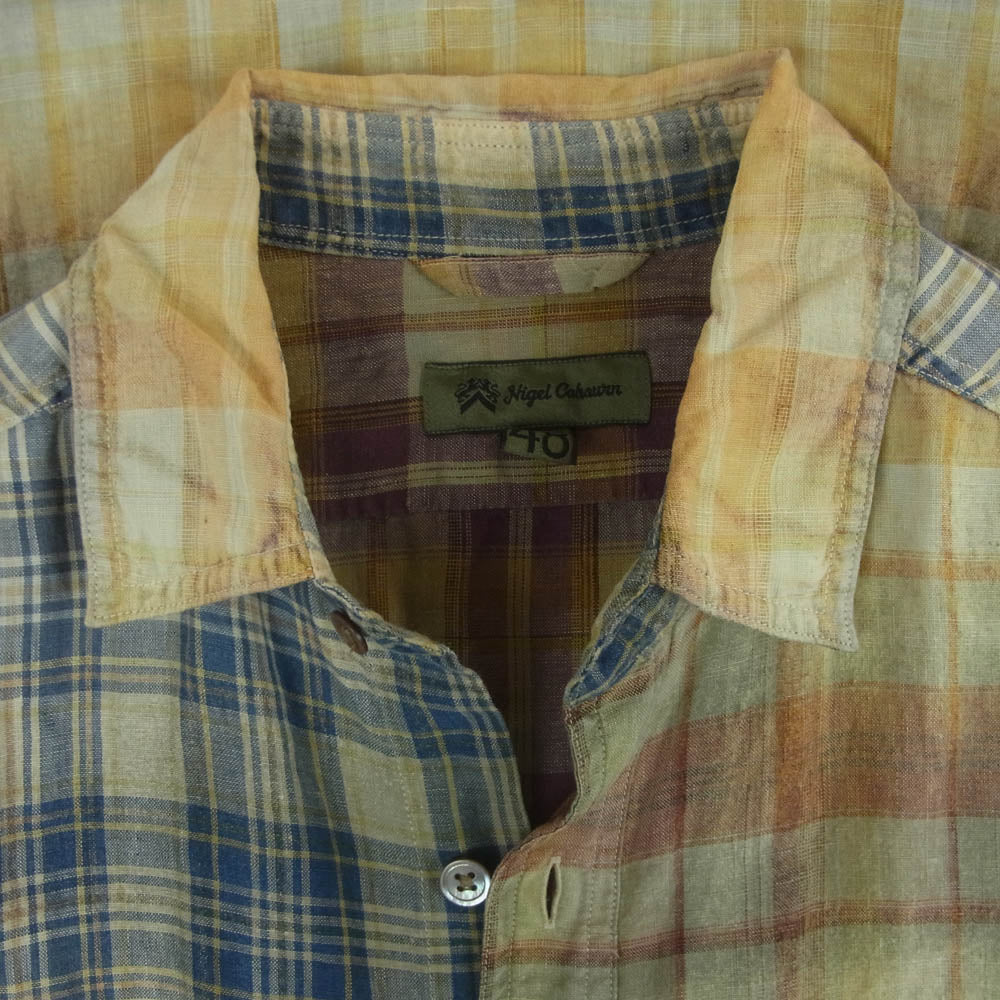 Nigel Cabourn ナイジェルケーボン 8050010091 MADRAS CHECK SHIRT クレイジーパターン リネン マドラス チェック 長袖 シャツ ブルー系 イエロー系 48【中古】