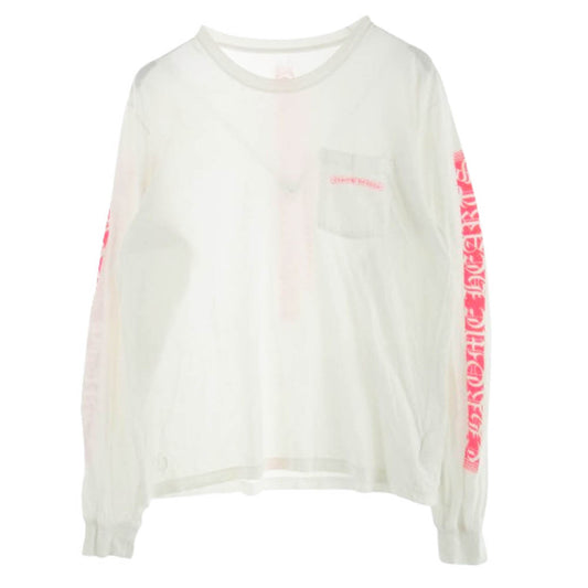 CHROME HEARTS クロムハーツ（原本無） NEON PINK STRIPE LOGO TEE ネオン ピンク ストライプ ロゴ 長袖 Tシャツ ホワイト ホワイト系 L【中古】