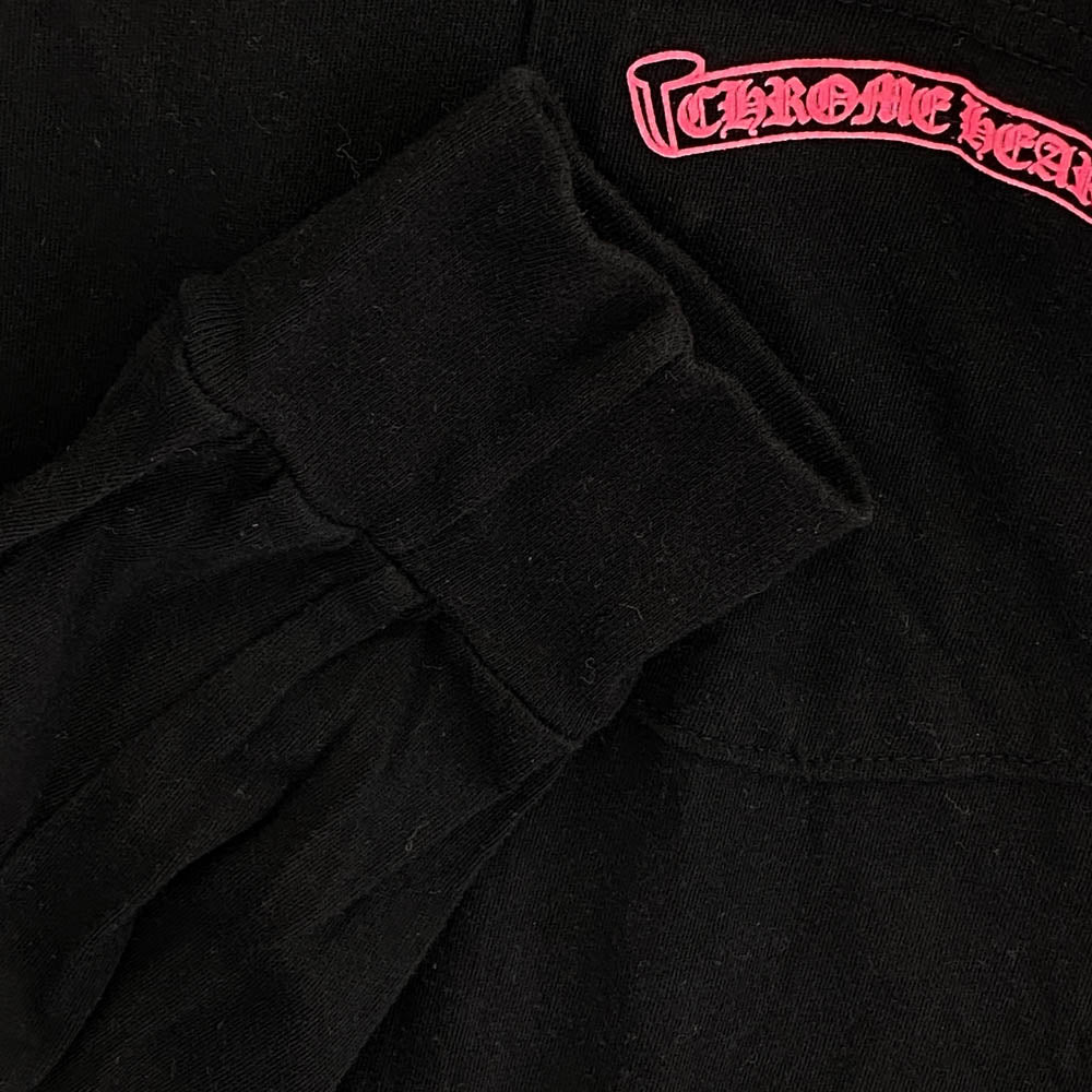 CHROME HEARTS クロムハーツ（原本無） NEON PINK STRIPE LOGO TEE ネオン ピンク ストライプ ロゴ 長袖 Tシャツ ブラック ブラック系 M【中古】