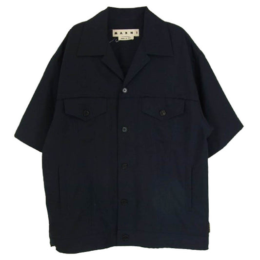 MARNI マルニ CUMU0215A0 トロピカル ウール オープンカラー 半袖 シャツ カットオフ ネイビー系 46【中古】