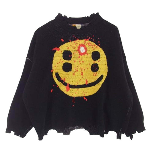 SAINT MICHAEL セントマイケル 24AW SM-YS1-0000-C07 CP_CREW KNT SMILE スマイル ダメージ加工 プルオーバー ニット ブラック系 L【極上美品】【中古】