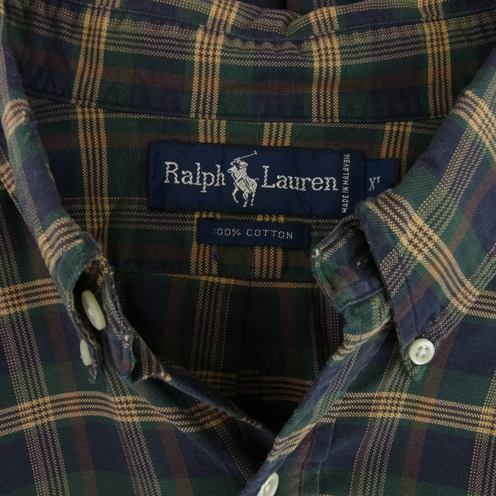 POLO RALPH LAUREN ポロ・ラルフローレン 刺繍 ボタンダウン 長袖 チェック シャツ グリーン系 XL【中古】