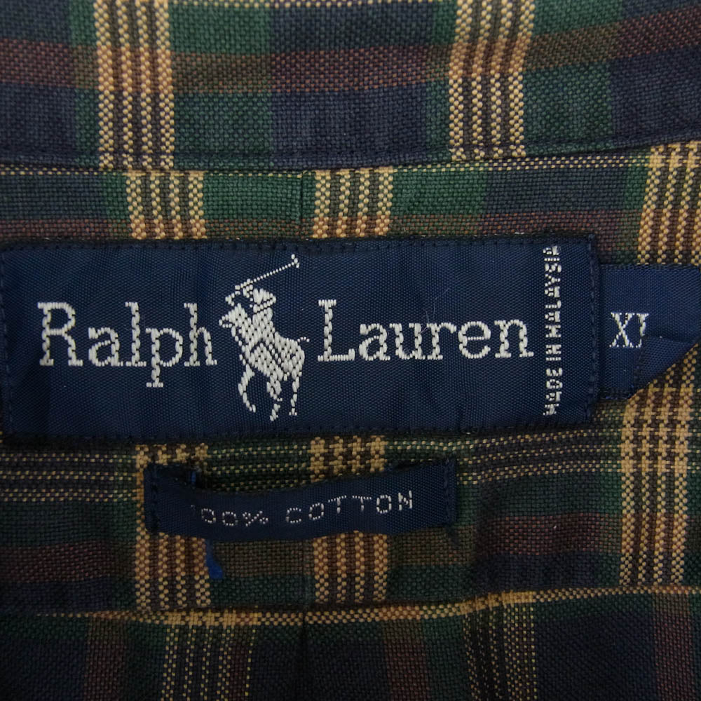 POLO RALPH LAUREN ポロ・ラルフローレン 刺繍 ボタンダウン 長袖 チェック シャツ グリーン系 XL【中古】