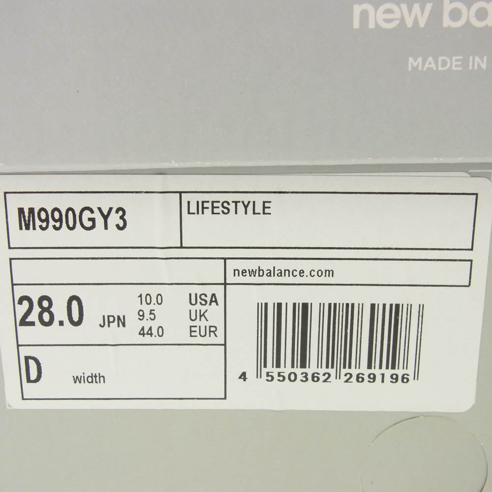NEW BALANCE ニューバランス M990GY3 USA製 990V3 Gray スエード メッシュ ローカット スニーカー グレー系 28cm【中古】