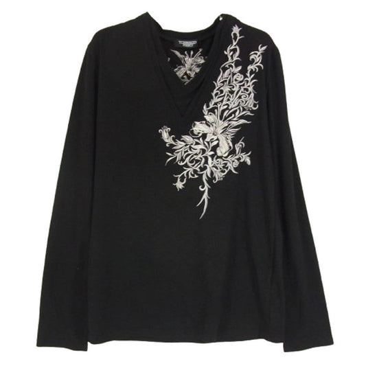 TORNADO MART トルネードマート レイヤードデザイン 刺繍 Vネック ストレッチ カットソー 長袖 Tシャツ ブラック系 L【中古】