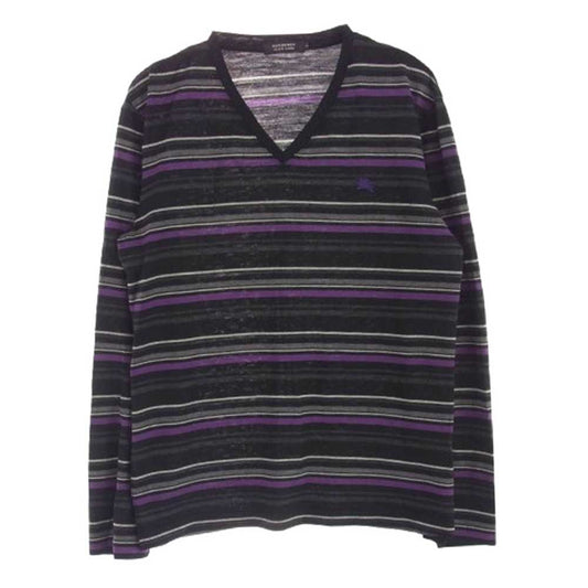 BURBERRY BLACK LABEL バーバリーブラックレーベル BMW22-118-09 Vネック ウール ボーダー ニット ブラック系 パープル系 2【中古】