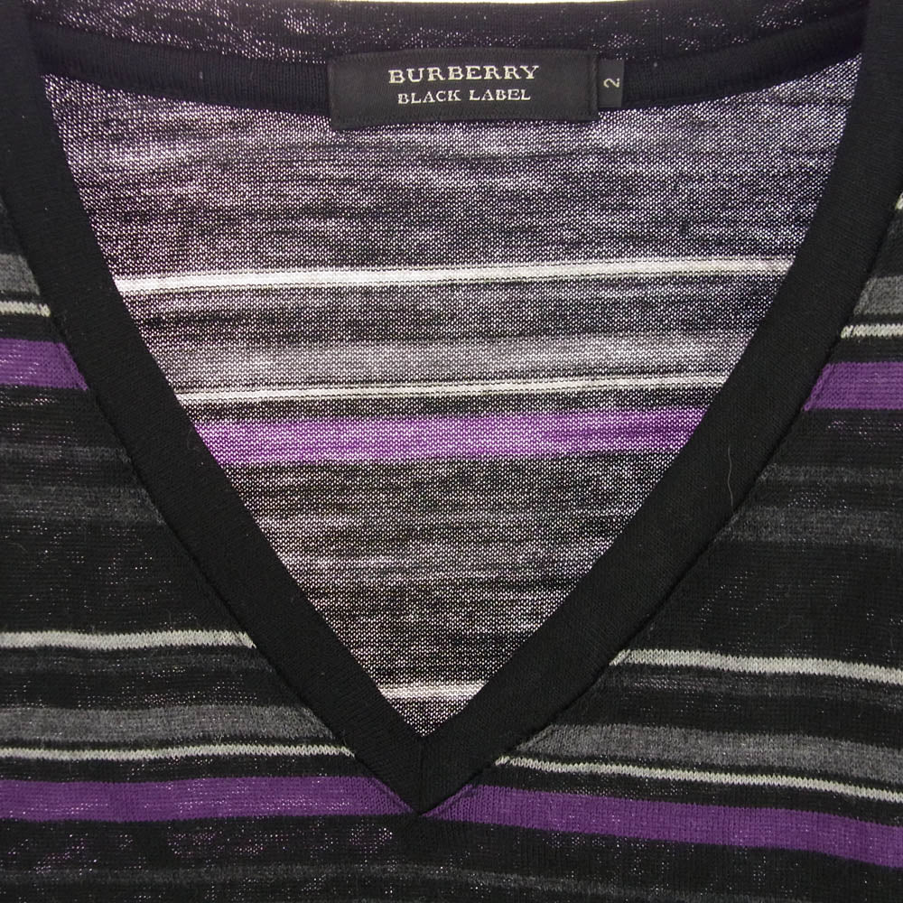 BURBERRY BLACK LABEL バーバリーブラックレーベル BMW22-118-09 Vネック ウール ボーダー ニット ブラック系 パープル系 2【中古】