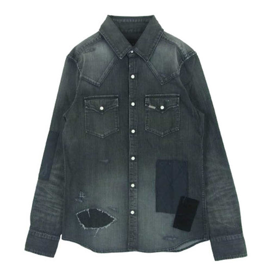 AKM エイケイエム S093 CNU111 PATCHWORK WESTERN パッチワーク デニム ウエスタン シャツ 長袖 グレー系 DN94 L【中古】