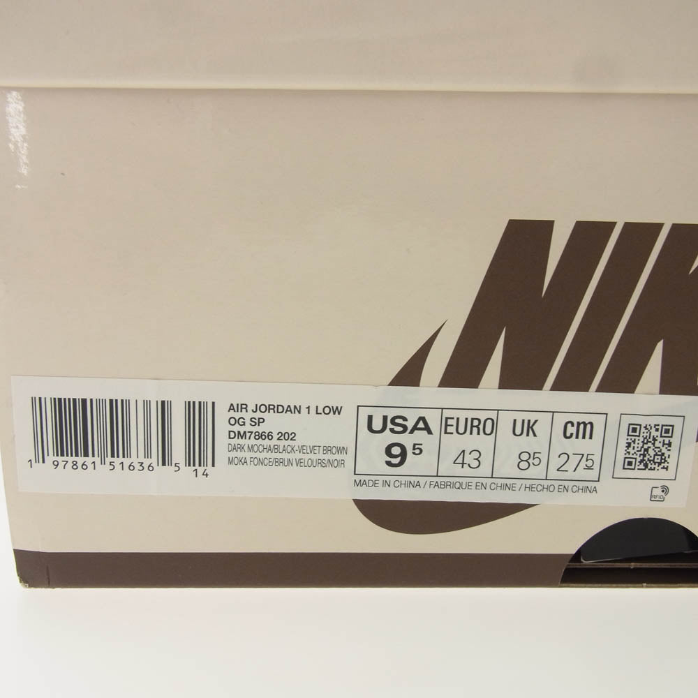 NIKE ナイキ DM7866-202 Travis Scott トラヴィススコット Air Jordan 1 Low OG SP  エアジョーダン1 ロー ベルベットブラウン アンド ダークモカ ローカット スニーカー ダークブラウン系 27.5cm【極上美品】【中古】