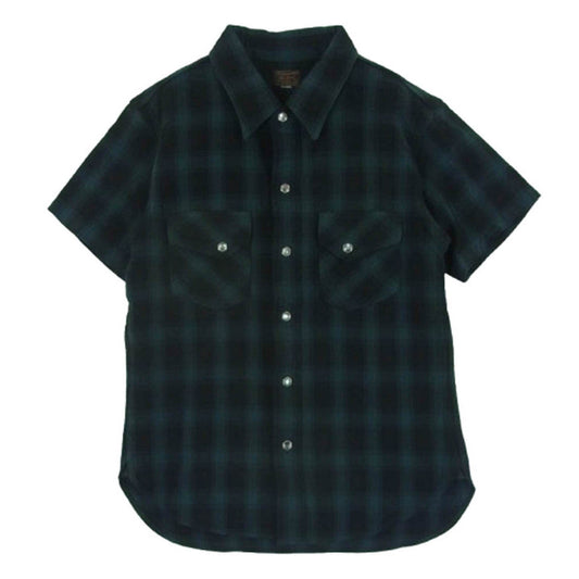 デラックスウエア チェック 半袖 ウエスタン シャツ コットン 日本製 グリーン系 XS【美品】【中古】