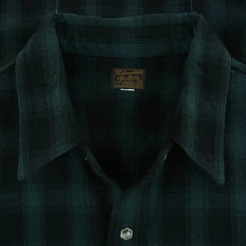 デラックスウエア チェック 半袖 ウエスタン シャツ コットン 日本製 グリーン系 XS【美品】【中古】