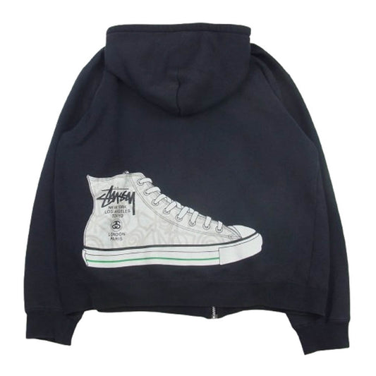 STUSSY ステューシー バックスニーカープリント シャネルロゴ ジップパーカー ブラック系 L【中古】
