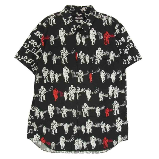 BLACK COMME des GARCONS ブラックコムデギャルソン 17ss 1S-B013 AD2016 音楽隊柄  半袖 音符総柄 S/S  コットン シャツ ブラック系 XL【中古】