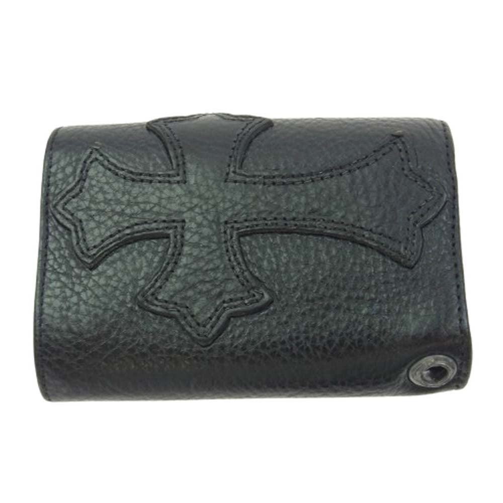 CHROME HEARTS クロムハーツ（原本無） ブラックシンフォニーギャランティ付属 3FOLD WALLET ３フォールド ウォレット ヘビーレザー クロスボタン クロスパッチ ブラック系【中古】