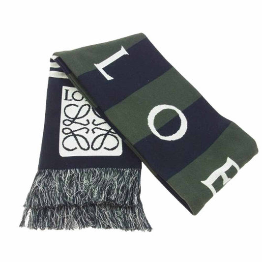 LOEWE ロエベ Anagram アナグラム ロゴ フリンジ マフラー ネイビー系 カーキ系【中古】