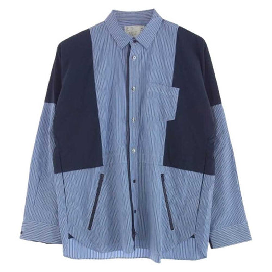 Sacai サカイ 25SS 25-03724M Poplin x Taslan Nylon Shirt BLUE STRIPE×NAVY ストライプ 長袖 切替え シャツ ブルー系 3【極上美品】【中古】