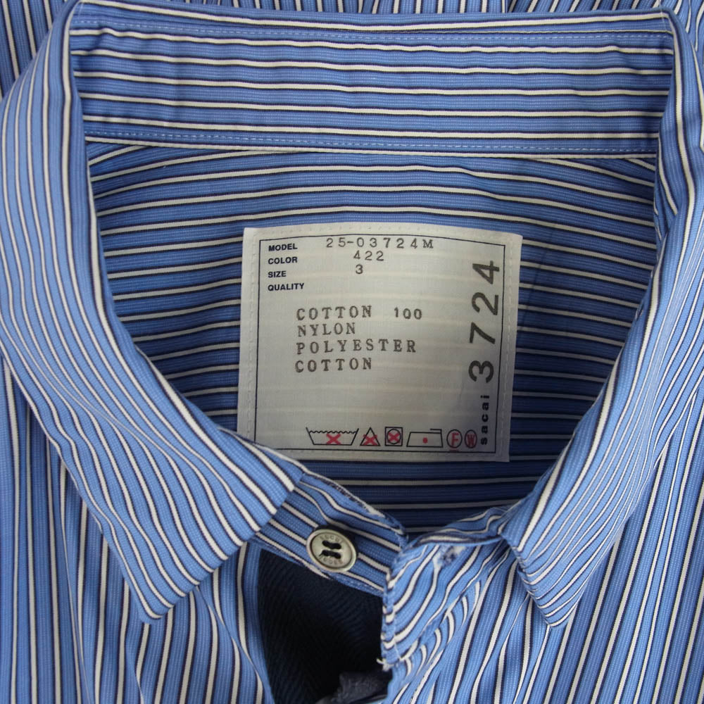 Sacai サカイ 25SS 25-03724M Poplin x Taslan Nylon Shirt BLUE STRIPE×NAVY ストライプ 長袖 切替え シャツ ブルー系 3【極上美品】【中古】