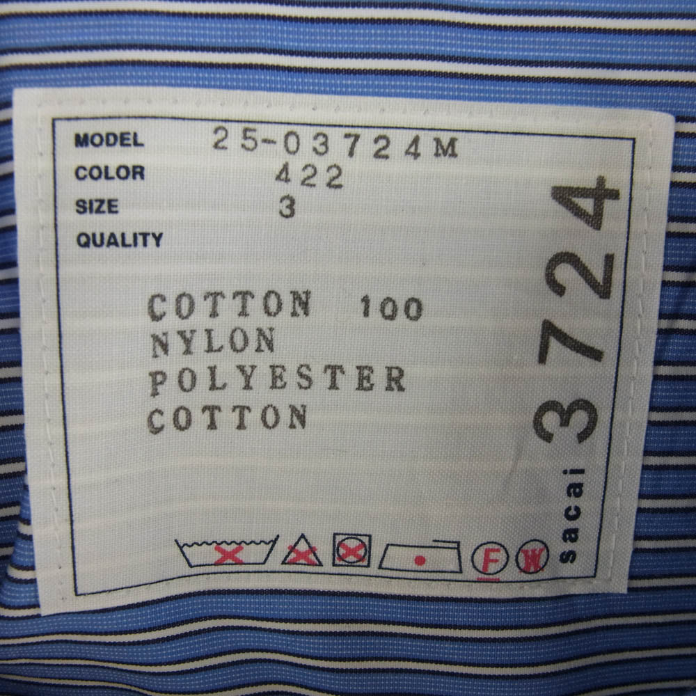 Sacai サカイ 25SS 25-03724M Poplin x Taslan Nylon Shirt BLUE STRIPE×NAVY ストライプ 長袖 切替え シャツ ブルー系 3【極上美品】【中古】