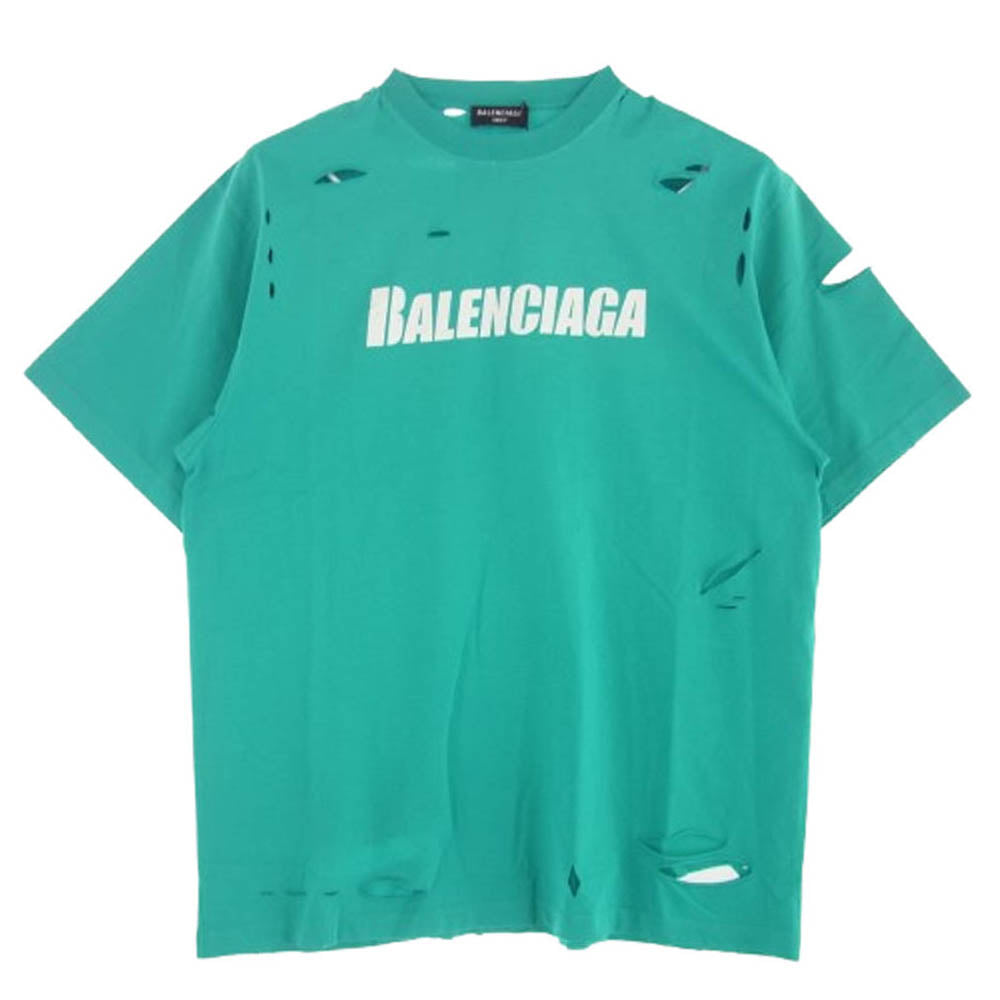 BALENCIAGA バレンシアガ 21SS 651795 TKVB8 国内正規品 Caps Destroyed Flatground Tee デストロイ加工 ロゴ クルーネック Tシャツ ブルーグリーン系 XXS【極上美品】【中古】