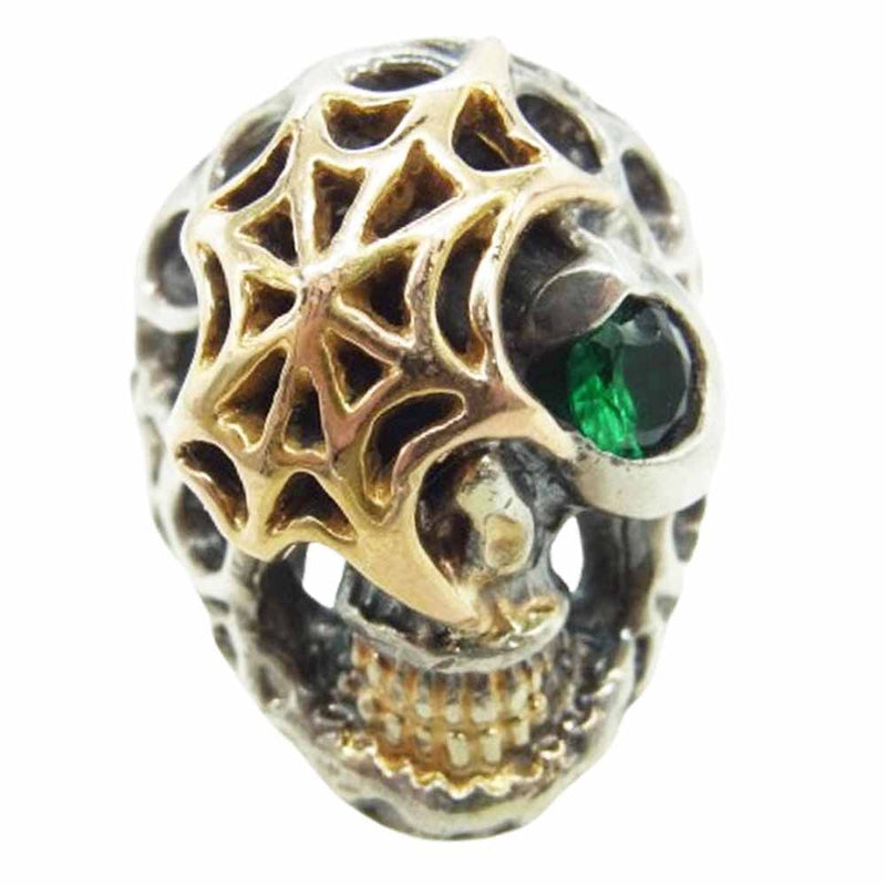 BILL WALL LEATHER ビルウォールレザー ミディアム マスタースカル リング w/ ストーンアイ スパイダーウェブ ホール 18Kゴールドサダー シルバー系 ゴールド系 グリーン系 19号【中古】