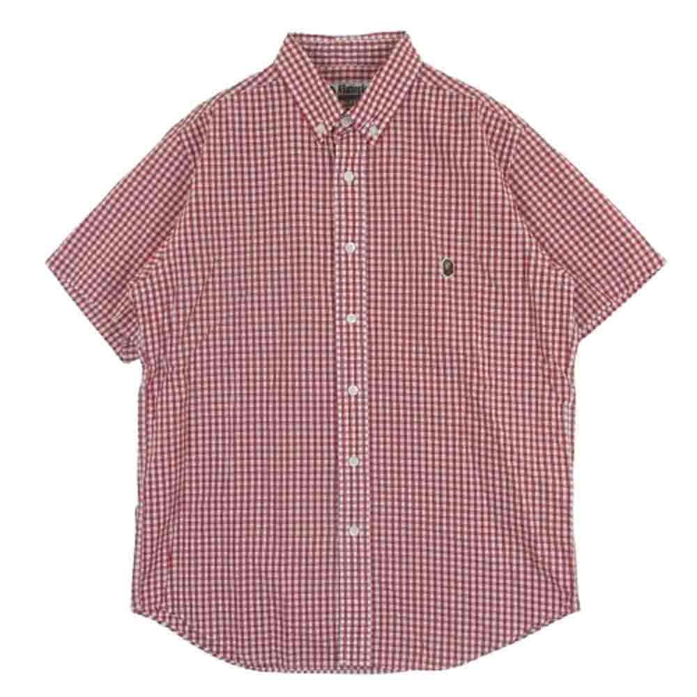 A BATHING APE アベイシングエイプ 猿 ワッペン付 半袖 チェック シャツ コットン 日本製 レッド系 ホワイト系 M4【中古】