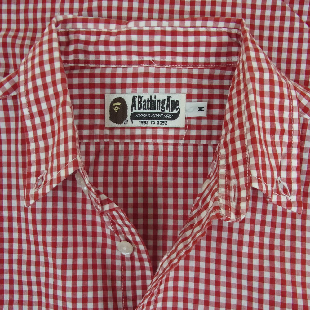 A BATHING APE アベイシングエイプ 猿 ワッペン付 半袖 チェック シャツ コットン 日本製 レッド系 ホワイト系 M4【中古】
