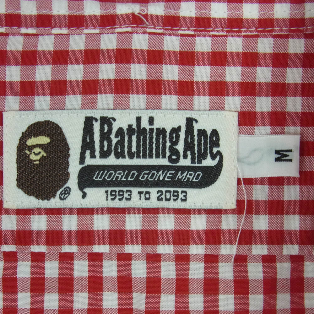 A BATHING APE アベイシングエイプ 猿 ワッペン付 半袖 チェック シャツ コットン 日本製 レッド系 ホワイト系 M4【中古】