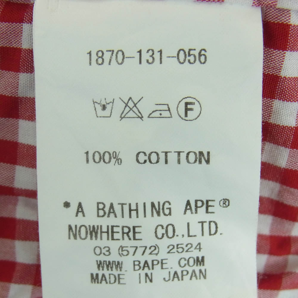A BATHING APE アベイシングエイプ 猿 ワッペン付 半袖 チェック シャツ コットン 日本製 レッド系 ホワイト系 M4【中古】