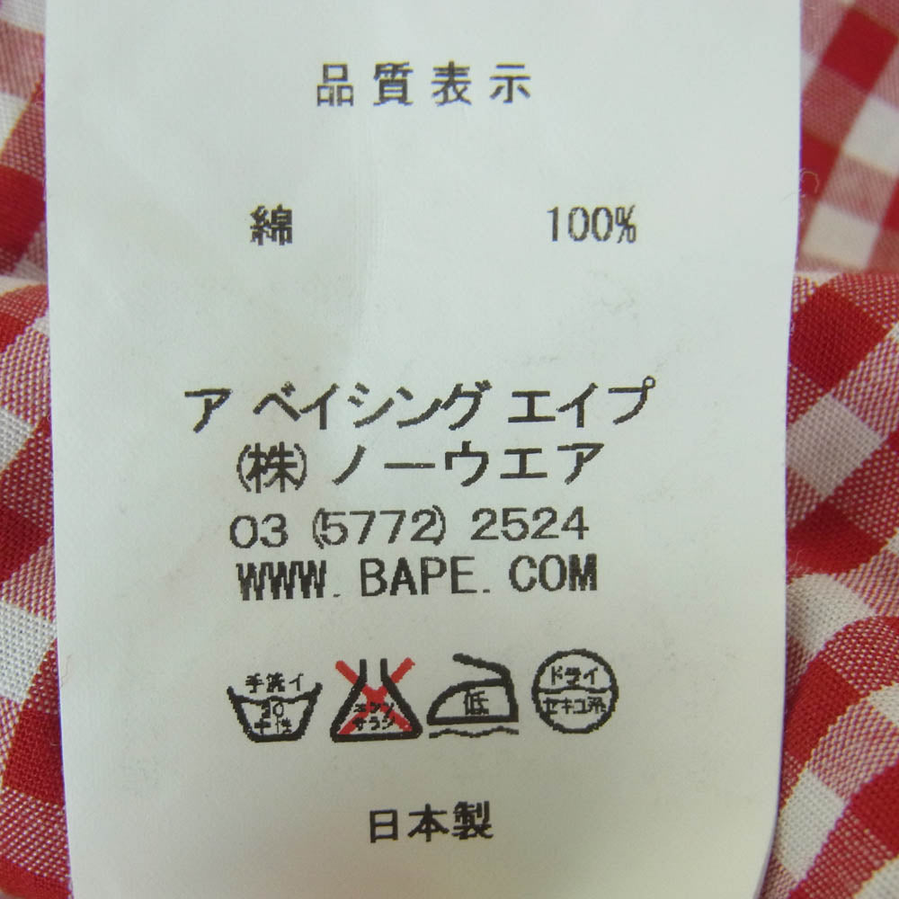 A BATHING APE アベイシングエイプ 猿 ワッペン付 半袖 チェック シャツ コットン 日本製 レッド系 ホワイト系 M4【中古】