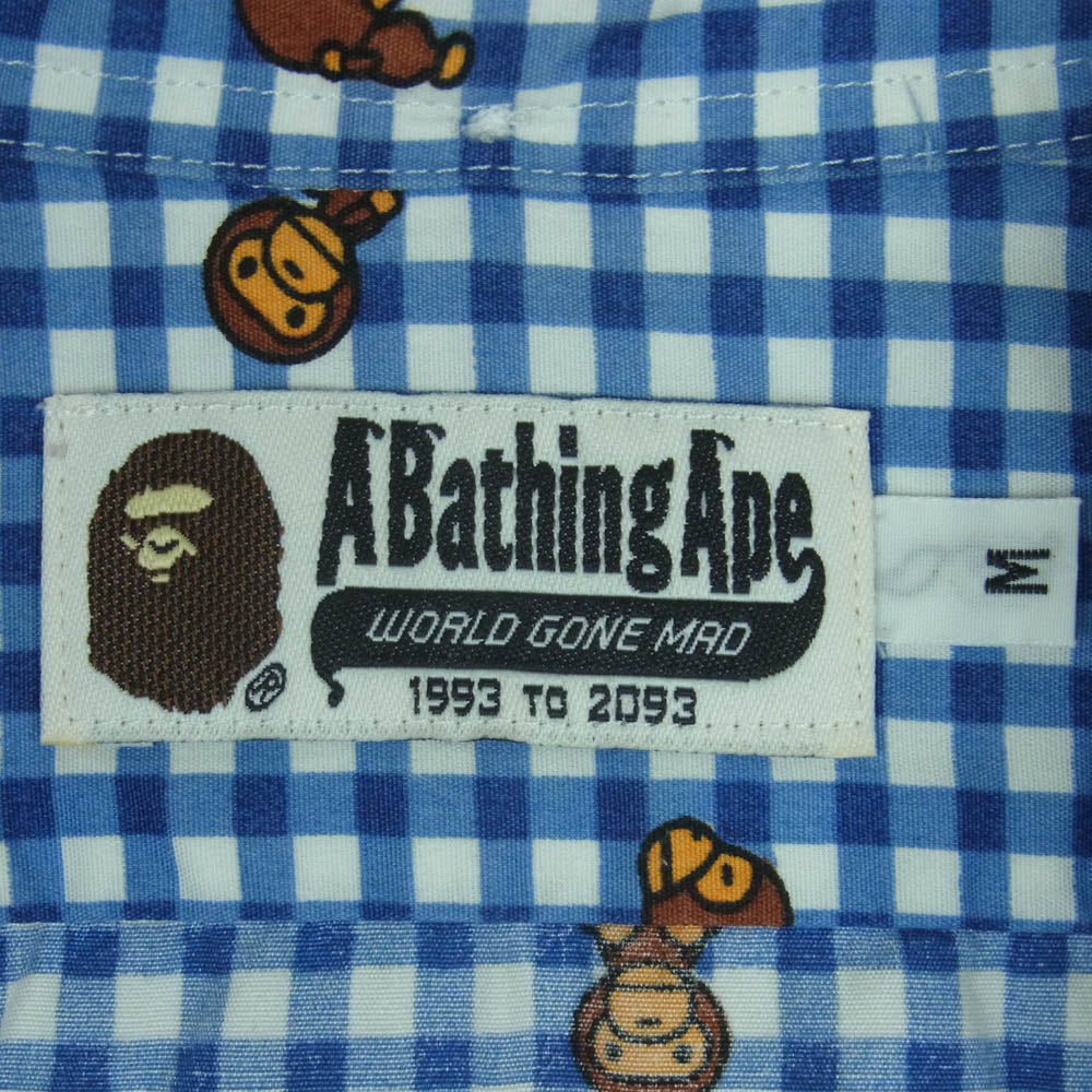 A BATHING APE アベイシングエイプ BABY MILO マイロ ワッペン 総柄 半袖 チェック シャツ ブルー系 ホワイト系 M4【中古】