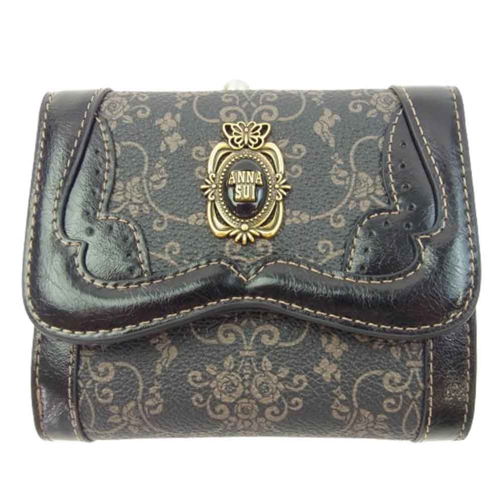 ANNA SUI アナスイ 317882-10 リーブル 口金 がま口 二つ折り 財布 ウォレット ダークグレー系【新古品】【未使用】【中古】