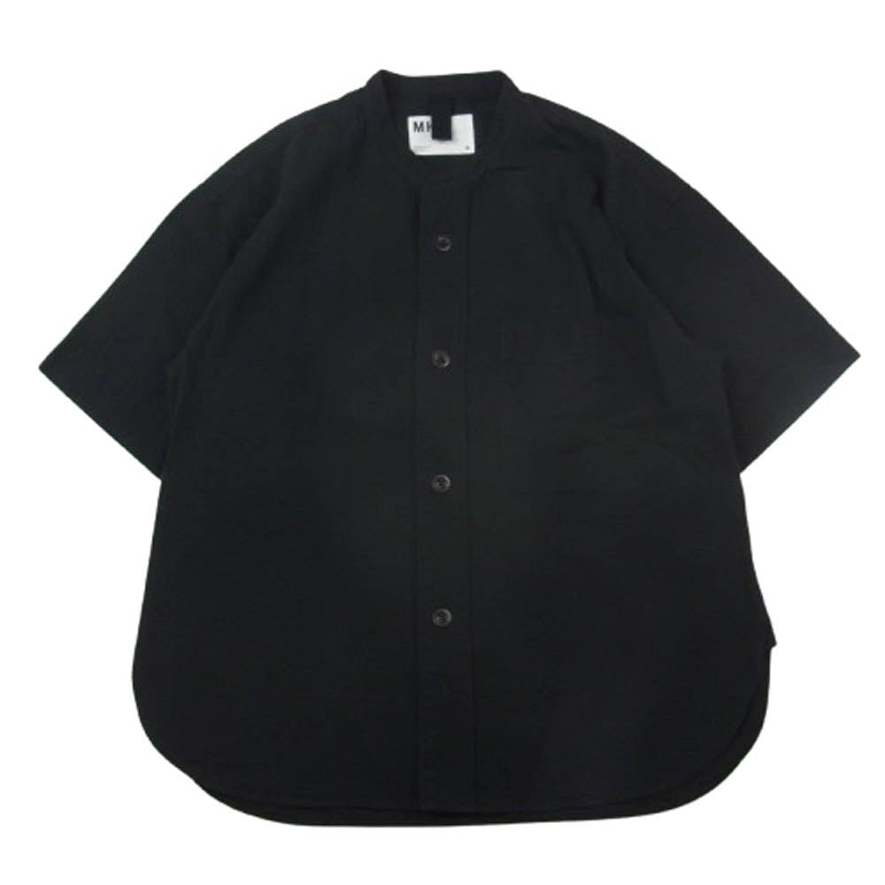 MARGARET HOWELL マーガレットハウエル 596-4150550 MHL. リネン コットン スタンドカラー バンドカラー 半袖 シャツ ブラック系 M【美品】【中古】