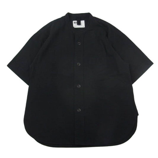 MARGARET HOWELL マーガレットハウエル 596-4150550 MHL. リネン コットン スタンドカラー バンドカラー 半袖 シャツ ブラック系 M【美品】【中古】