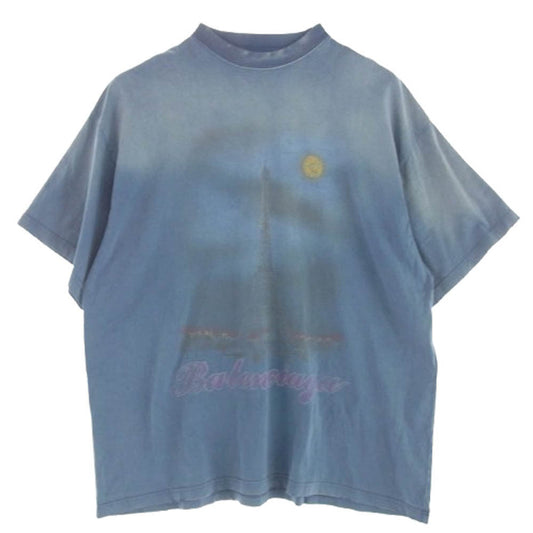 BALENCIAGA バレンシアガ 24SS 739028 TQV01 Paris Moon Oversized Tee パリ ユーズド加工 ロゴ オーバーサイズ Tシャツ 半袖 ブルー系 4【中古】