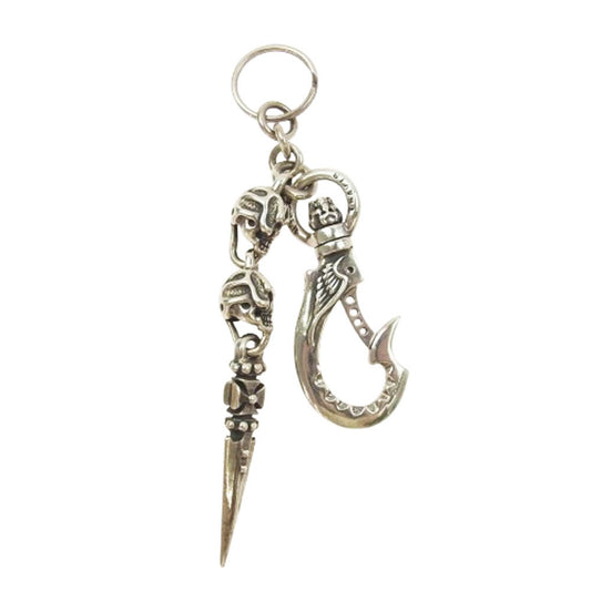 TRAVIS WALKER トラヴィスワーカー 販売証明カード付属 SKULL WITH CROSS  KEY CHAIN ストーンアイ クロス スカル フック ダガー キーチェーン シルバー系【中古】