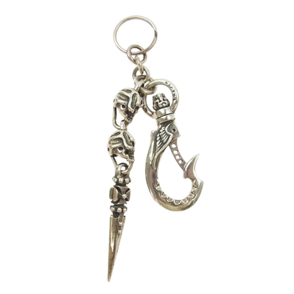TRAVIS WALKER トラヴィスワーカー 販売証明カード付属 SKULL WITH CROSS  KEY CHAIN ストーンアイ クロス スカル フック ダガー キーチェーン シルバー系【中古】