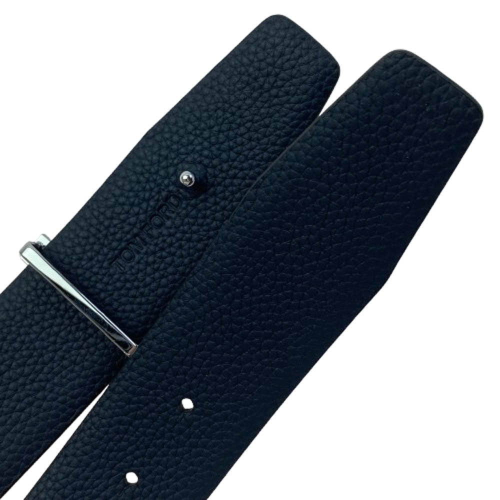 TOM FORD トムフォード イタリア製 シルバーTバックル レザー ベルト ブラック ブラック系 ネイビー系 90【美品】【中古】