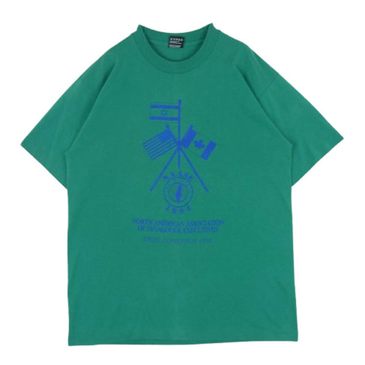 ヴィンテージ 90s USA製 FRUIT OF THE LOOM 黒タグ プリント 半袖 Tシャツ グリーン系 L【中古】
